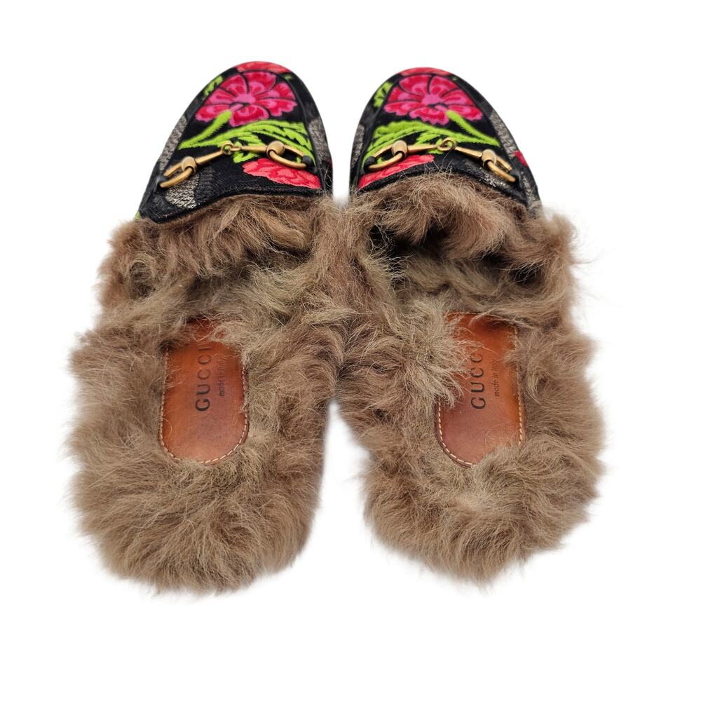 Gucci Princetown Horsebit Fur Lined Flat Mule Slipper Floral Black Size 38 US 8 - Picture 4 of 7